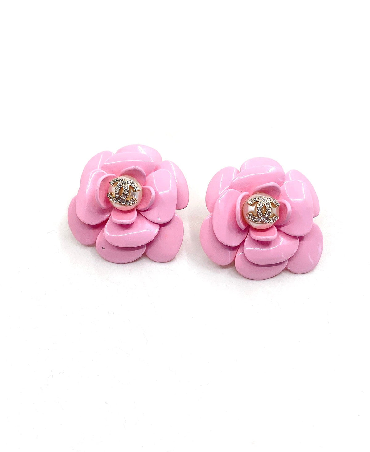 Chanel Pink Camellia Resin 18K Gold Earrings